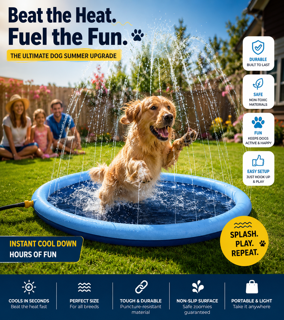 Dog Splash Pad for Large & Small Dogs | Summer Cooling Sprinkler Pool