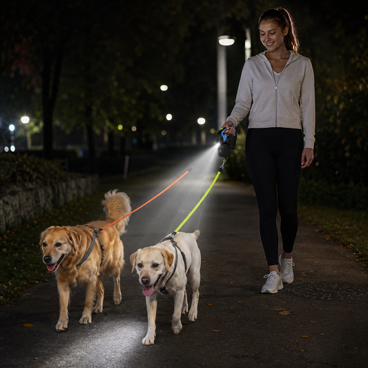 Dual Retractable Dog Leash with LED Light Tangle-Free Double Pet Leash