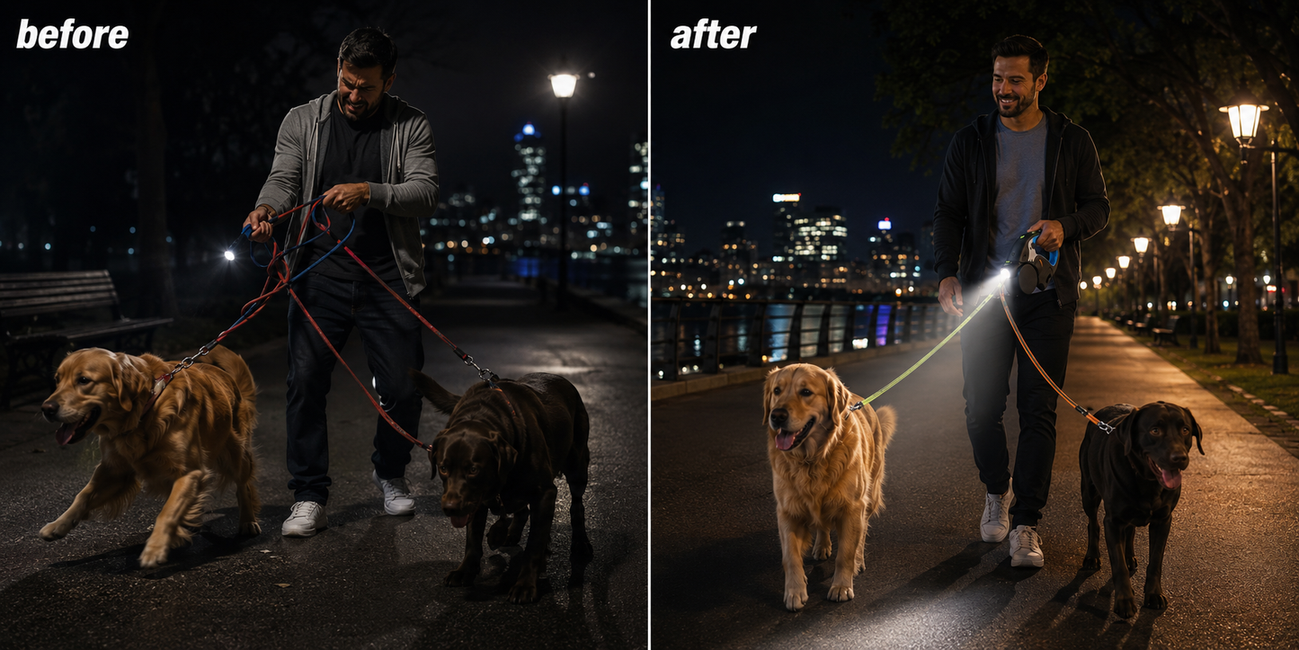 Dual Retractable Dog Leash with LED Light Tangle-Free Double Pet Leash